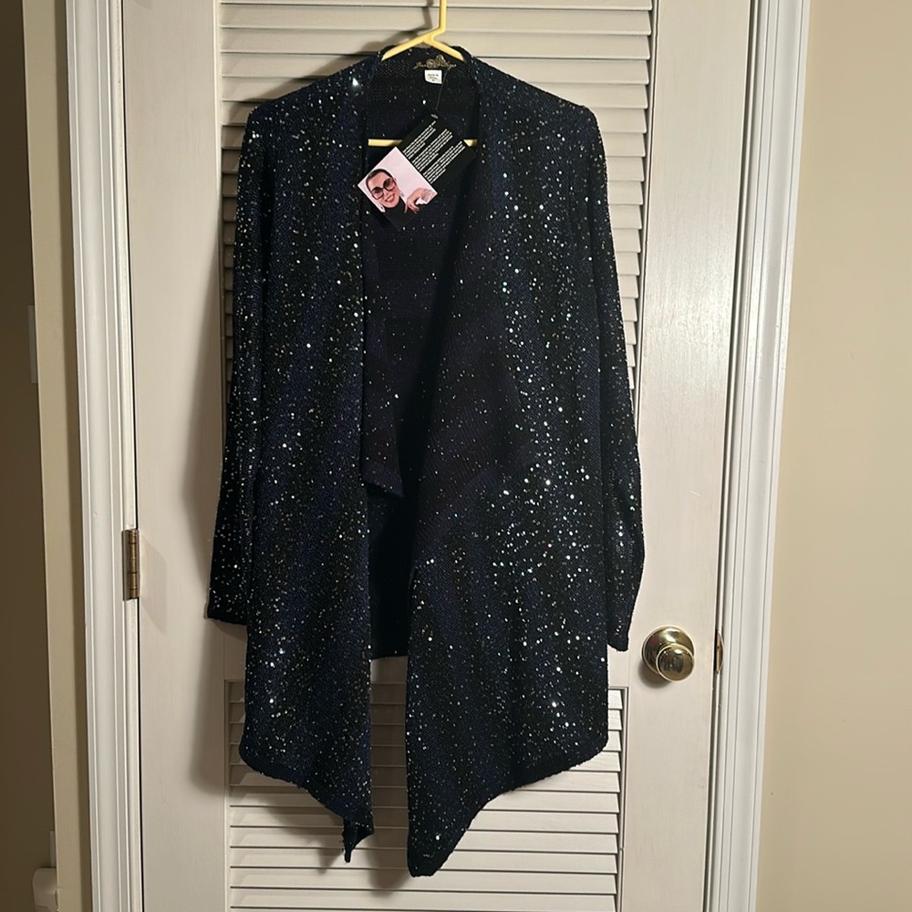 Joan Boyce Cardigan Blue/Black Stripe with Sequins Medium NWT